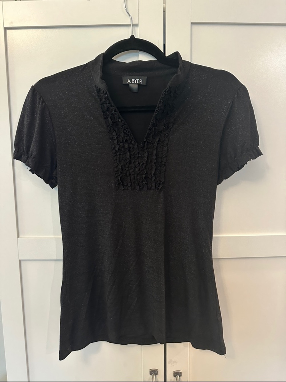 A. Byer Black with Silver Glitter Short Sleeve Ruffle V-Neck Blouse